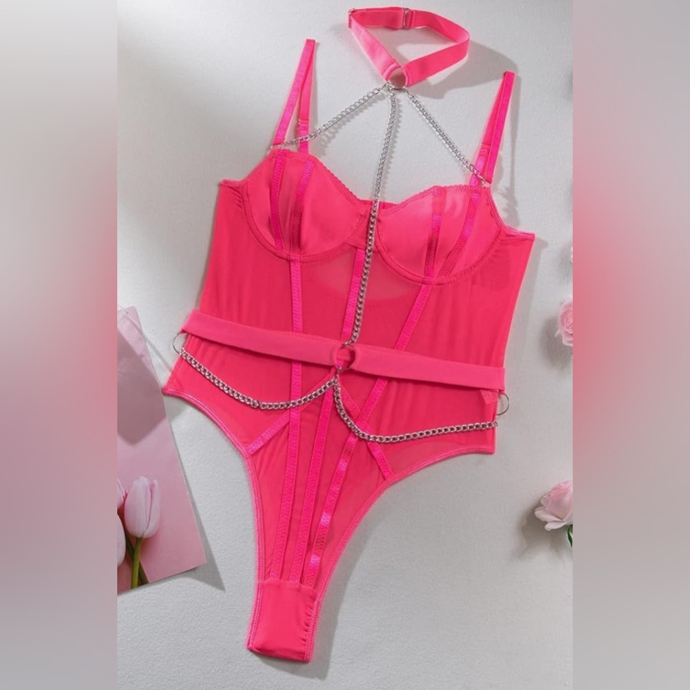 NWOT - Hot Pink Strappy Bodysuit - Unknown Brand
